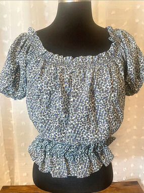 LILOU Blue Floral Smocked Peplum Crop Top Blue & Green Medium